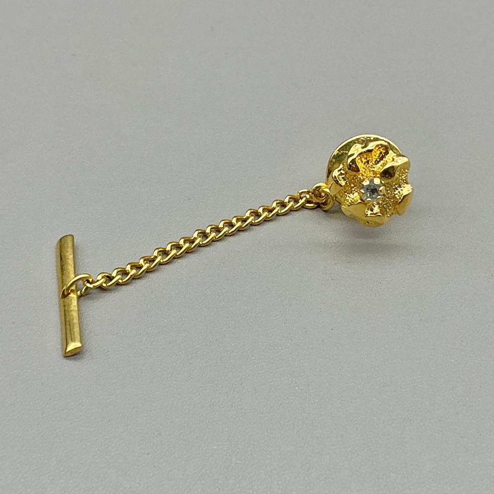 Vintage Gold Tone Tie Pin Flower Rhinestone Tie Tack Chain Bar Men's Accessory